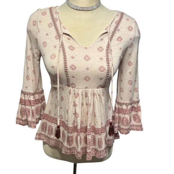 RUE21 Peasant Top Boho Folksy Bell Sleeves Tie Front Pale Dusty Pink Size Small - Picture 1 of 6
